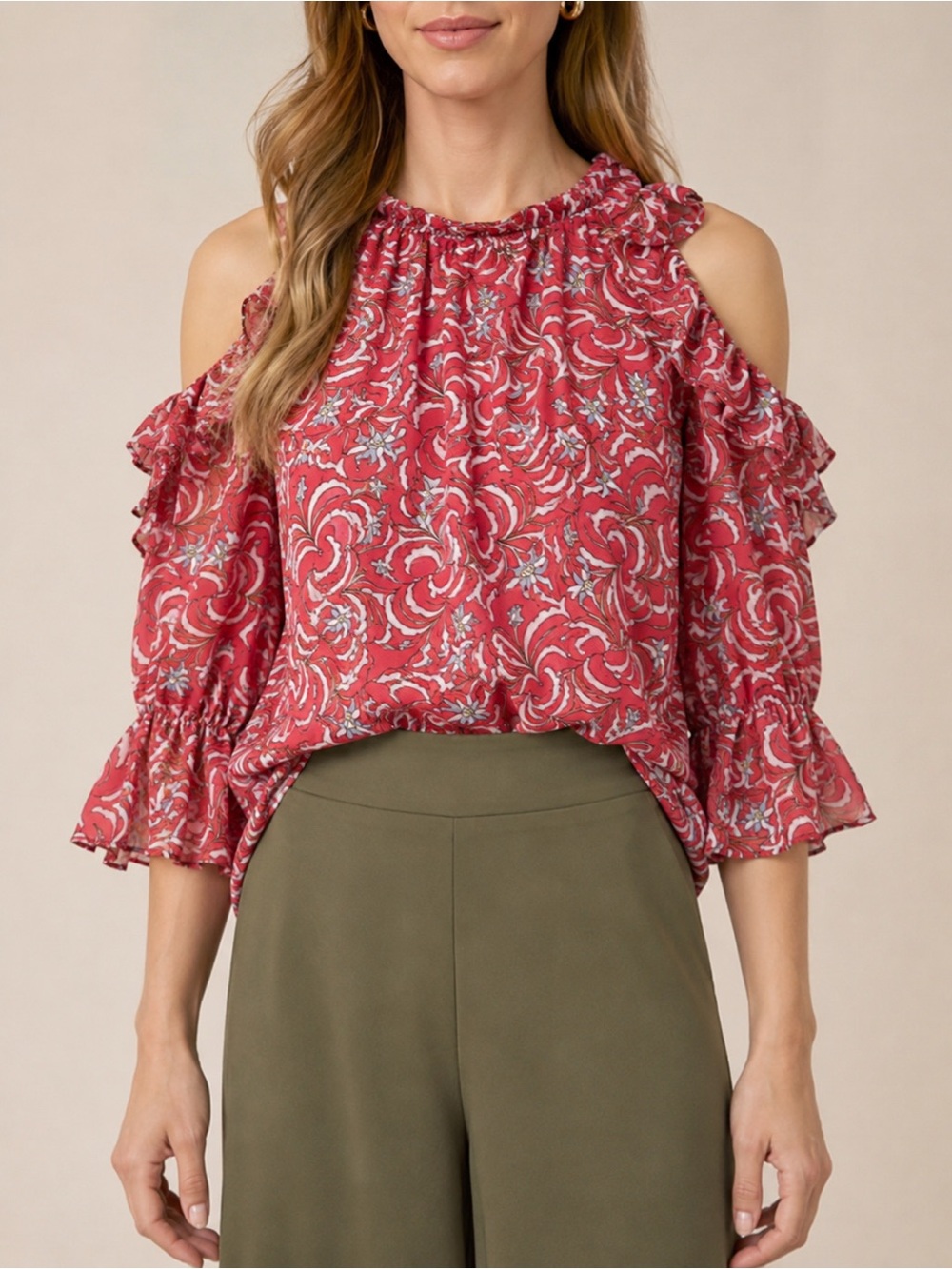 Max Studio Coral Cold-Shoulder Ruffle Floral Blouse XS